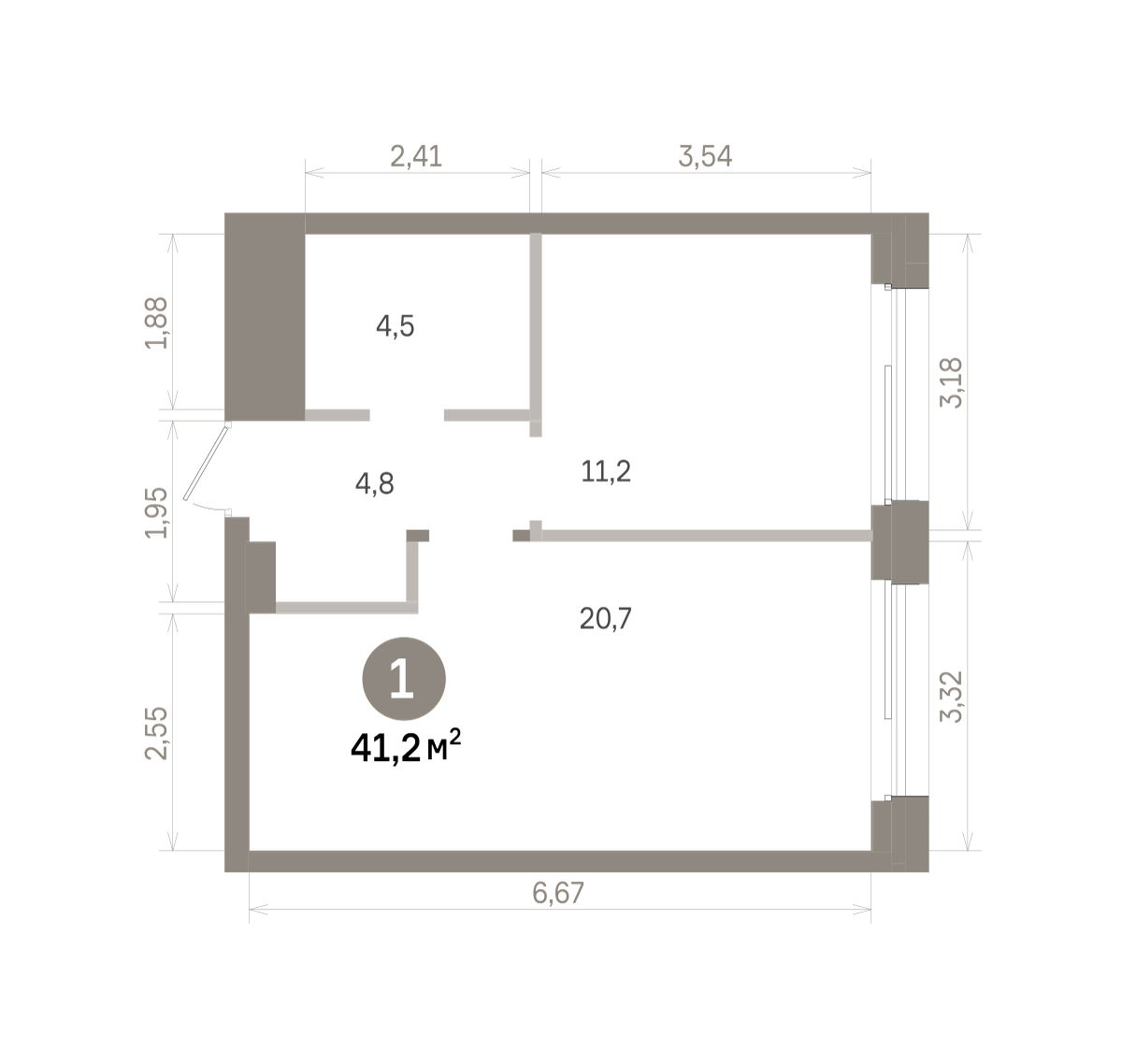 1 комн. Квартира 41.2 кв. м