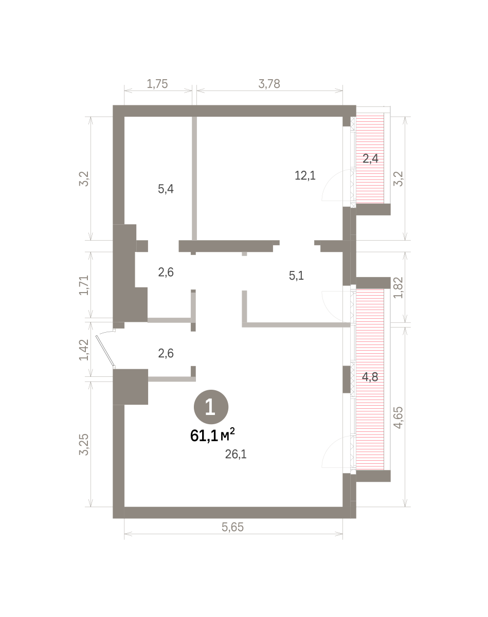 1 комн. Квартира 61.1 кв. м