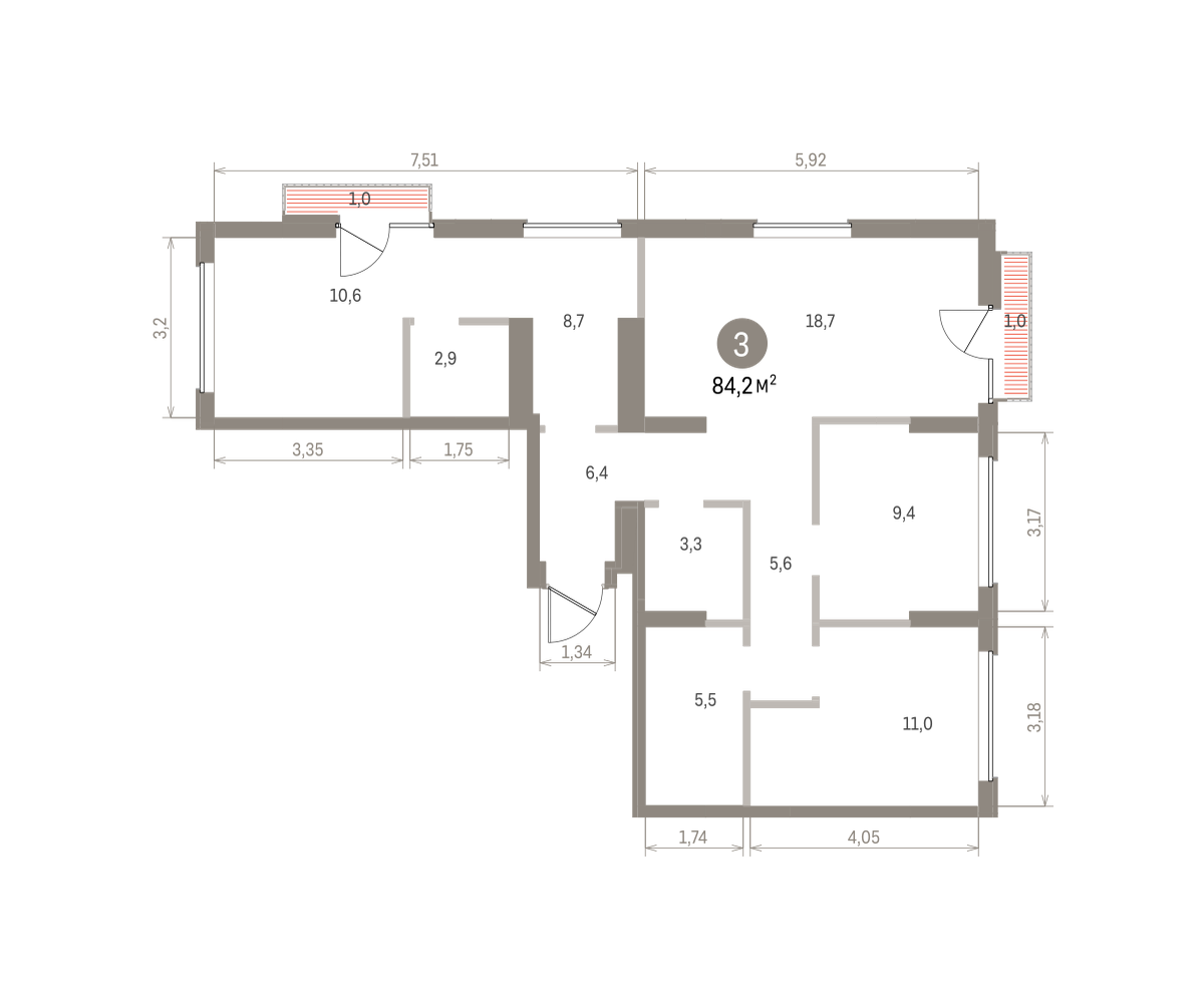 3 комн. Квартира 84.2 кв. м
