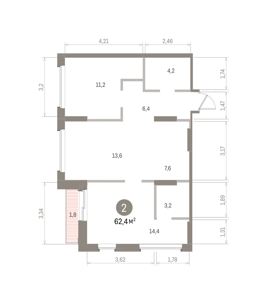 2 комн. Квартира 62.4 кв. м