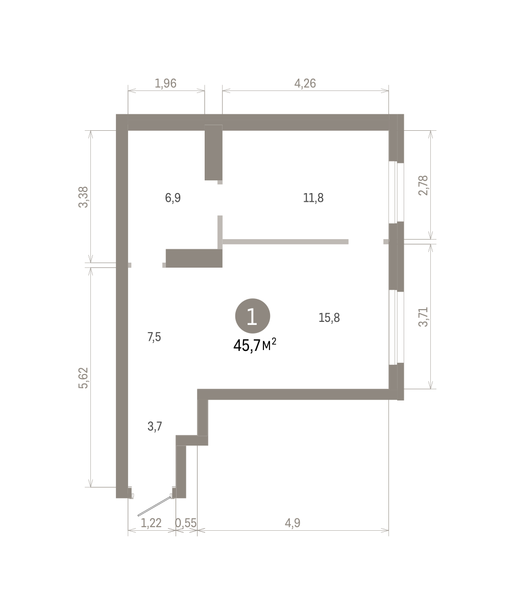 1 комн. Квартира 45.7 кв. м