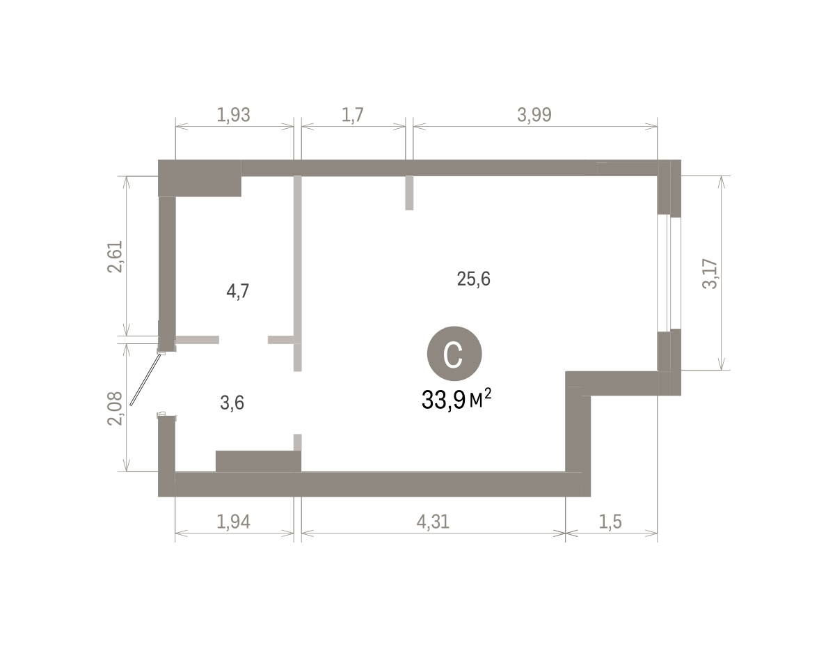 Квартира 33.4 кв. м
