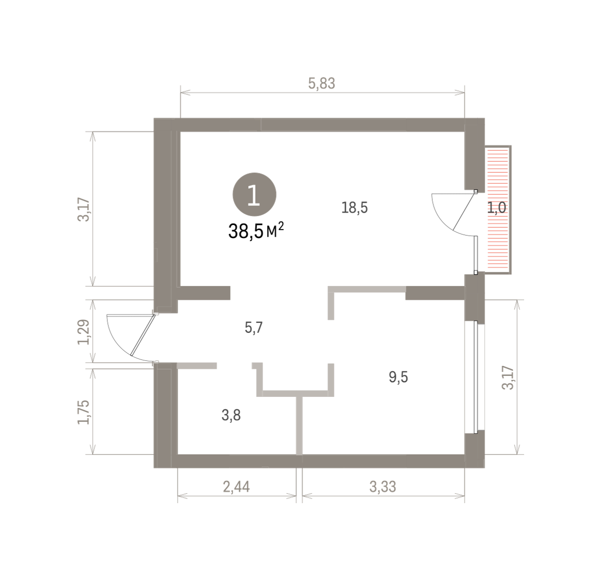1 комн. Квартира 38.5 кв. м