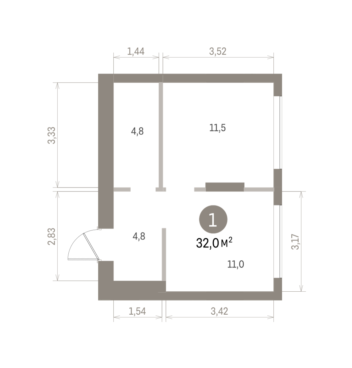1 комн. Квартира 32 кв. м