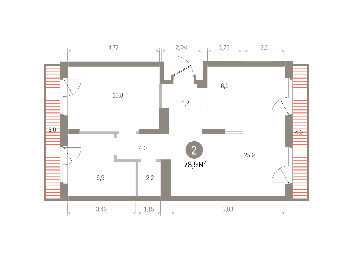 2 комн. Квартира 78.9 кв. м