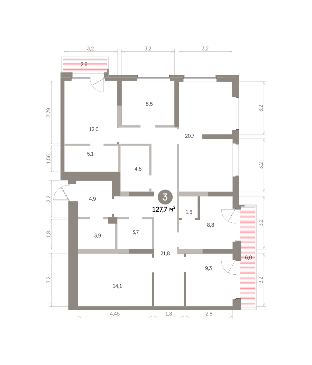 3 комн. Квартира 127.7 кв. м