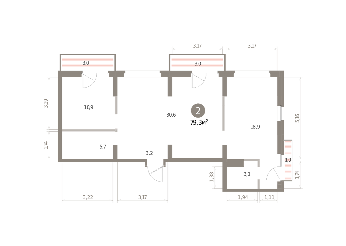2 комн. Квартира 79.3 кв. м