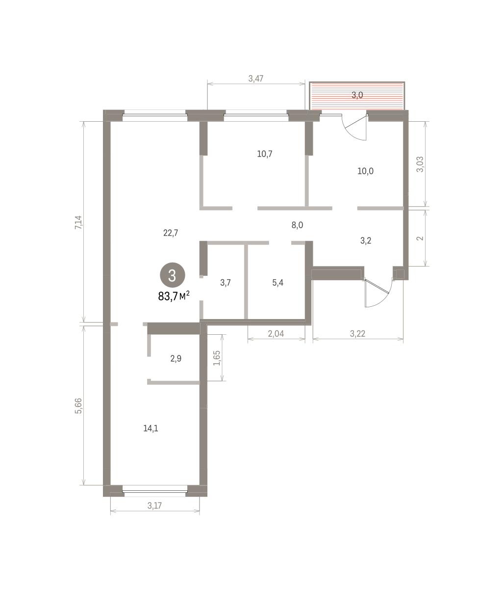 3 комн. Квартира 83.7 кв. м