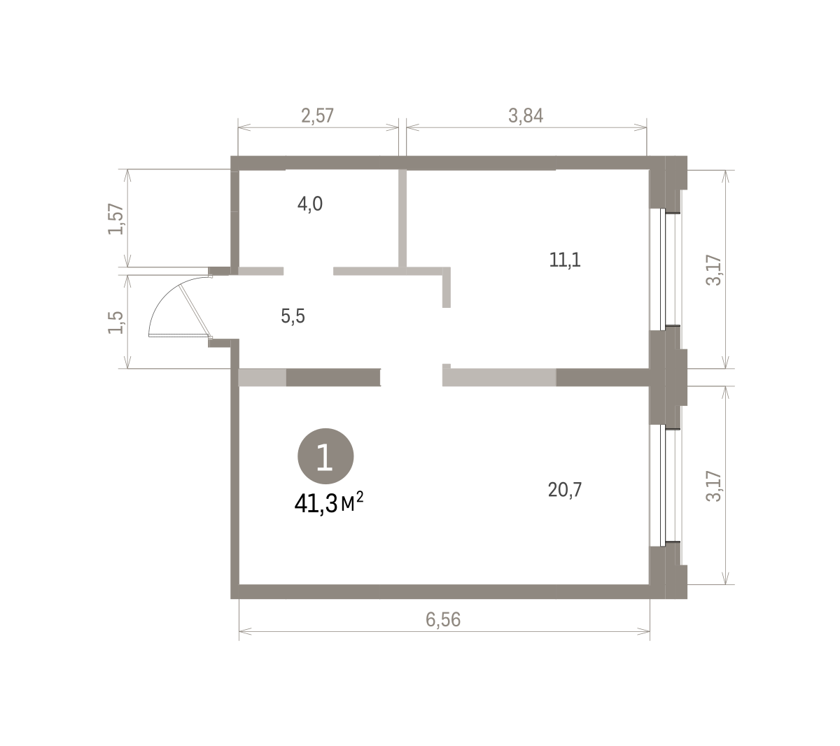 1 комн. Квартира 41.3 кв. м