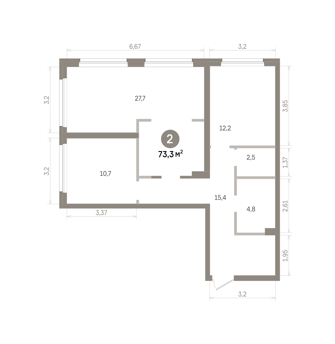 2 комн. Квартира 73.3 кв. м