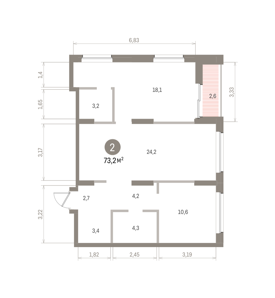 2 комн. Квартира 73.2 кв. м