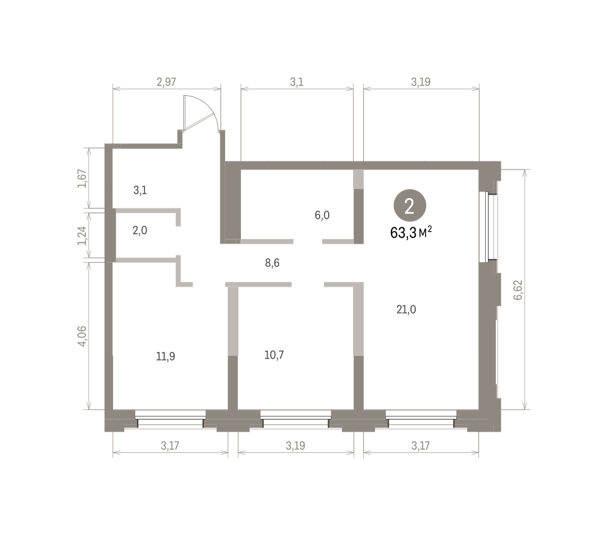 2 комн. Квартира 63.3 кв. м