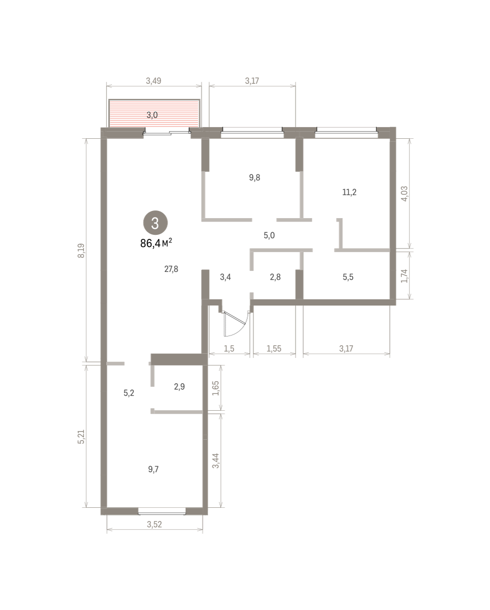 3 комн. Квартира 86.4 кв. м