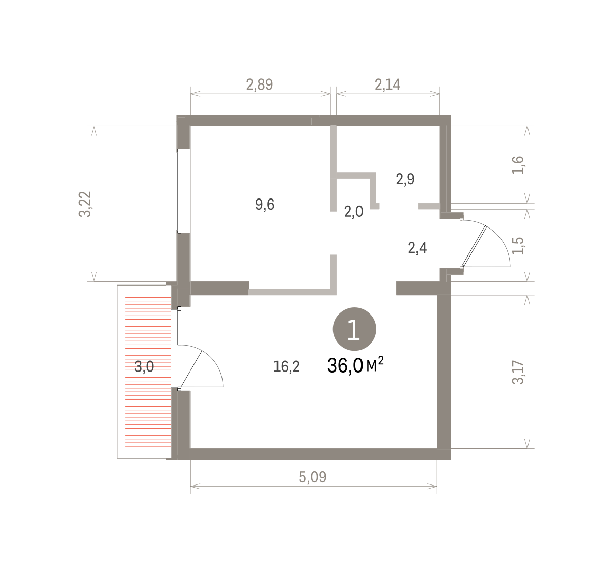1 комн. Квартира 36 кв. м