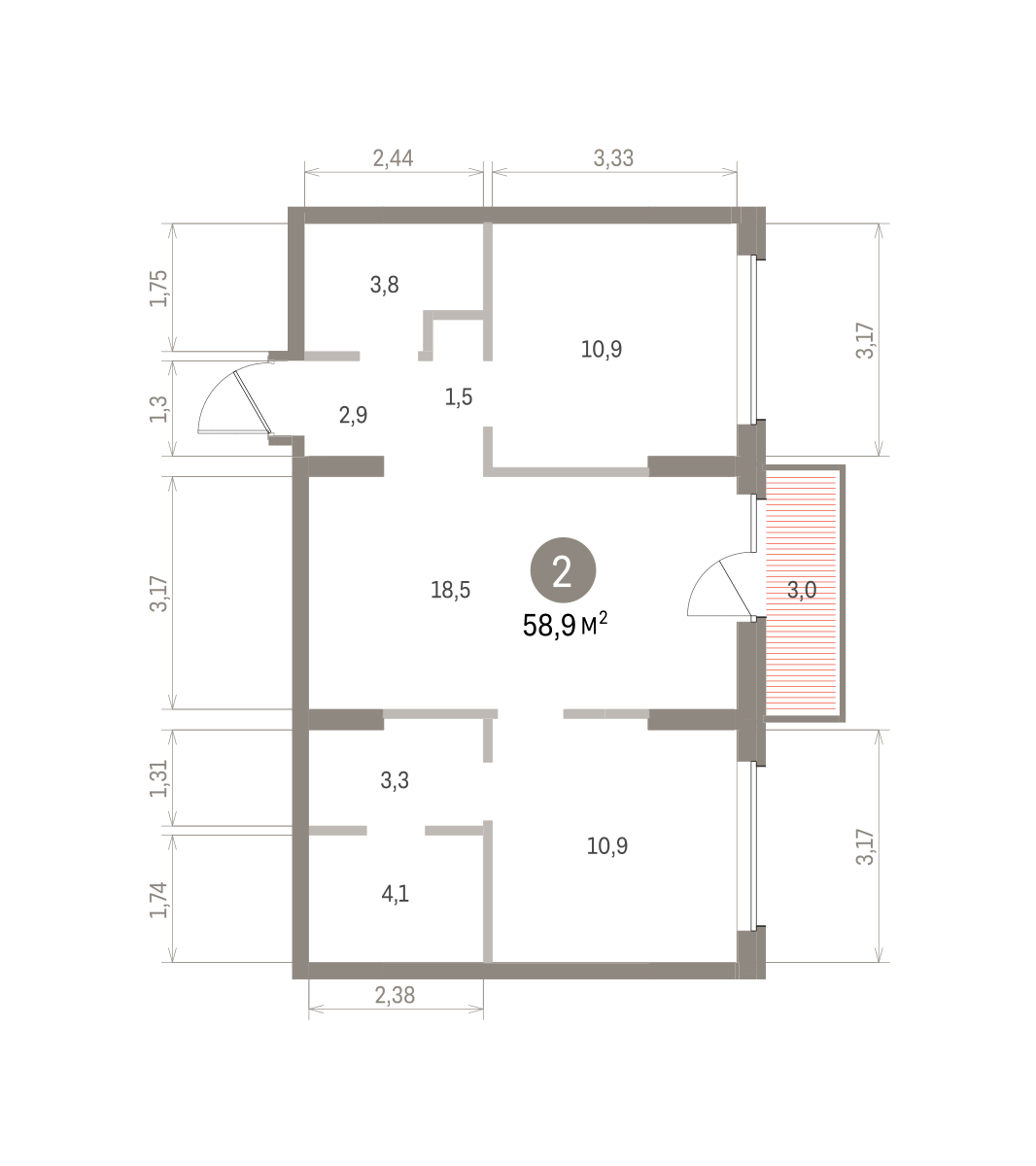 2 комн. Квартира 58.9 кв. м