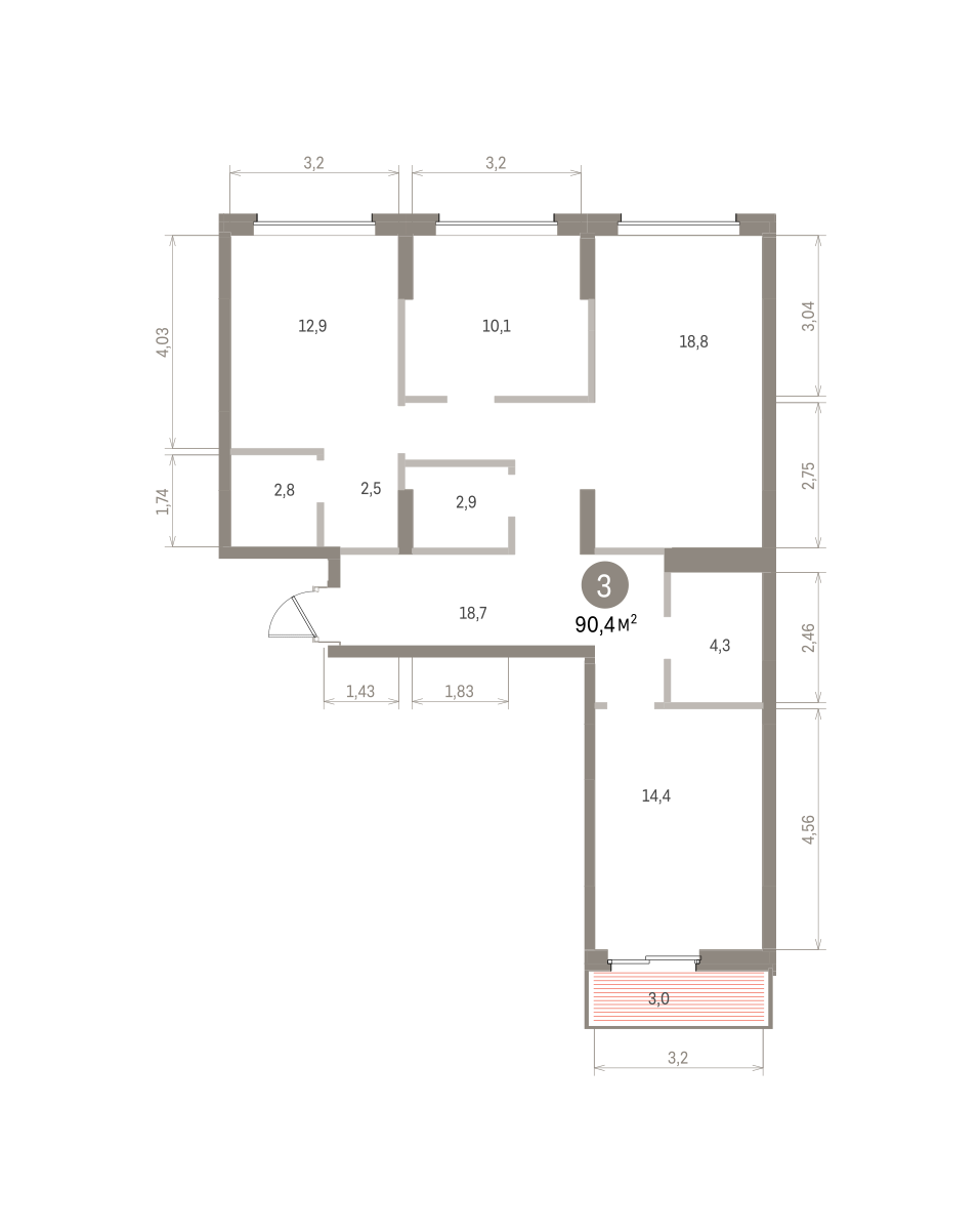 3 комн. Квартира 90.4 кв. м