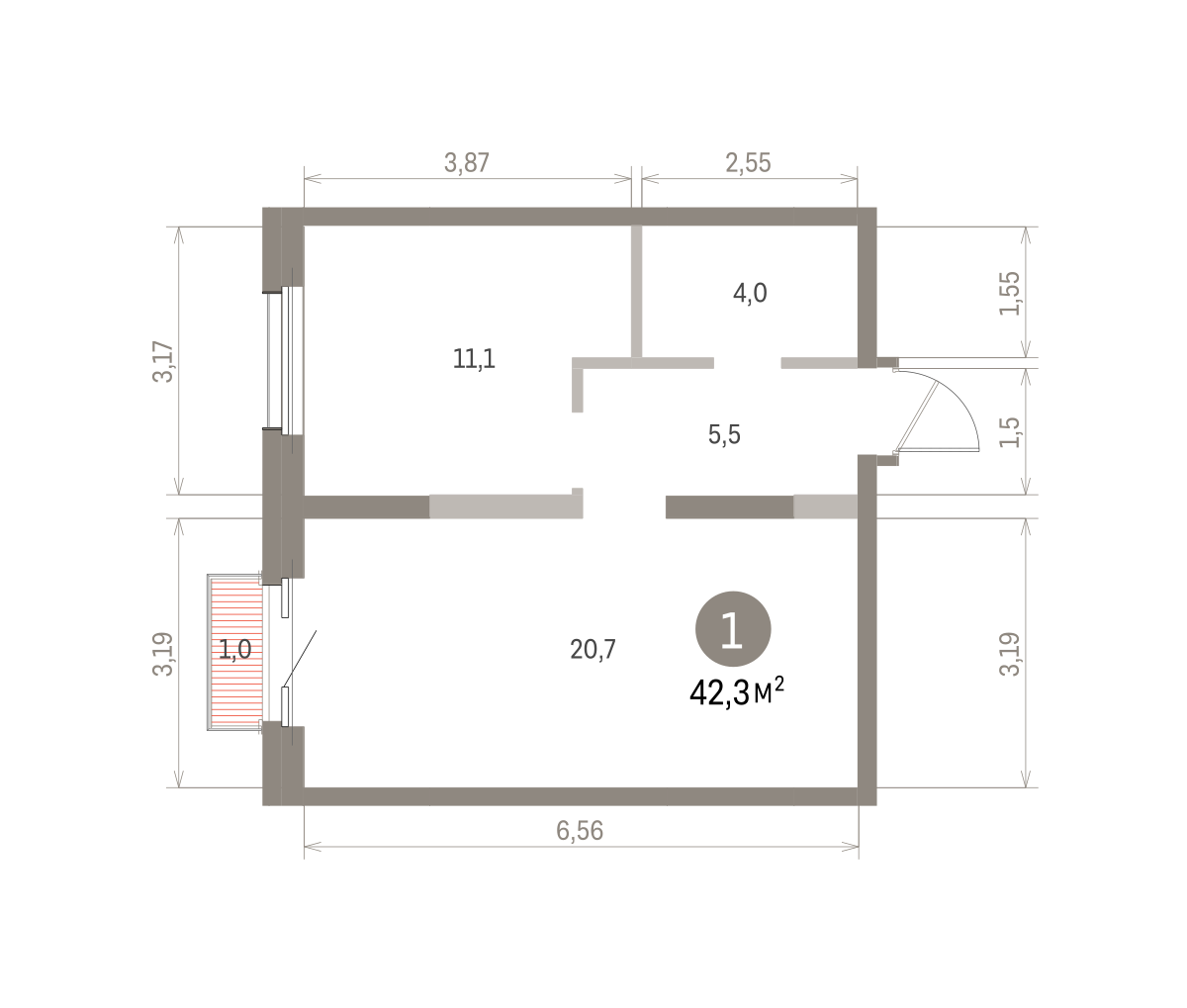 1 комн. Квартира 42.3 кв. м