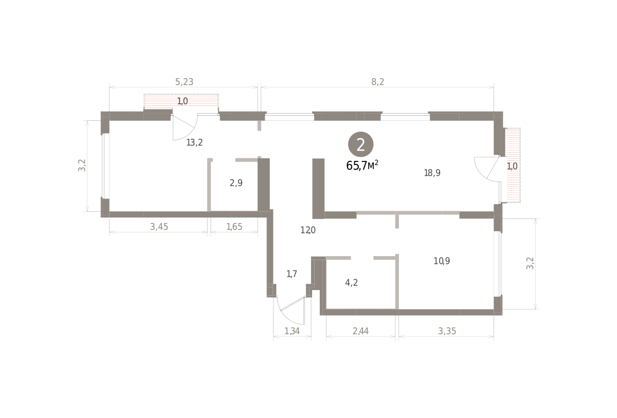 2 комн. Квартира 65.7 кв. м