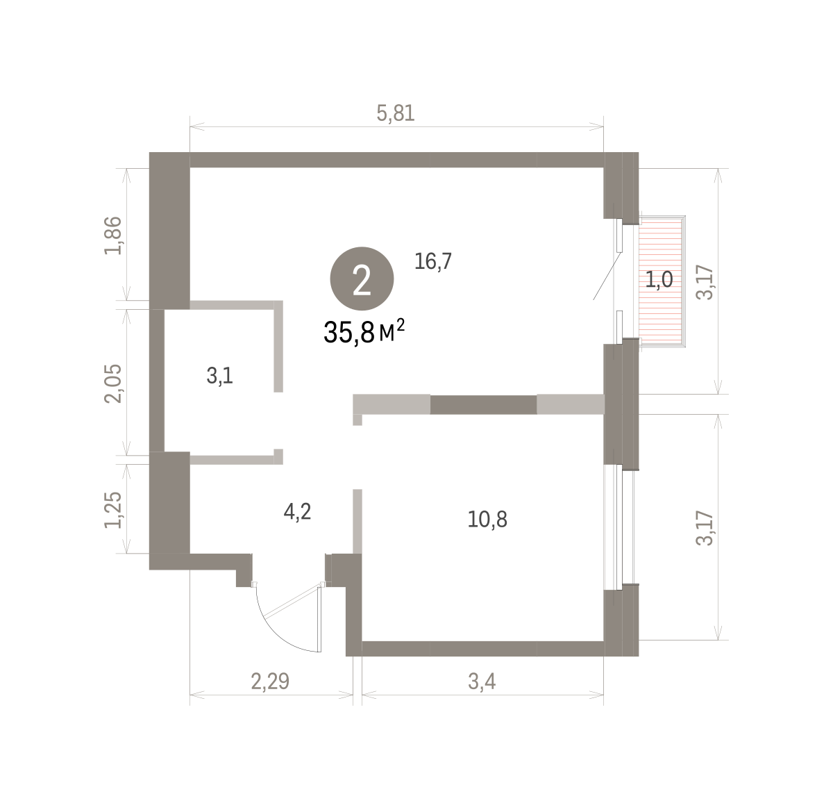 1 комн. Квартира 35.8 кв. м