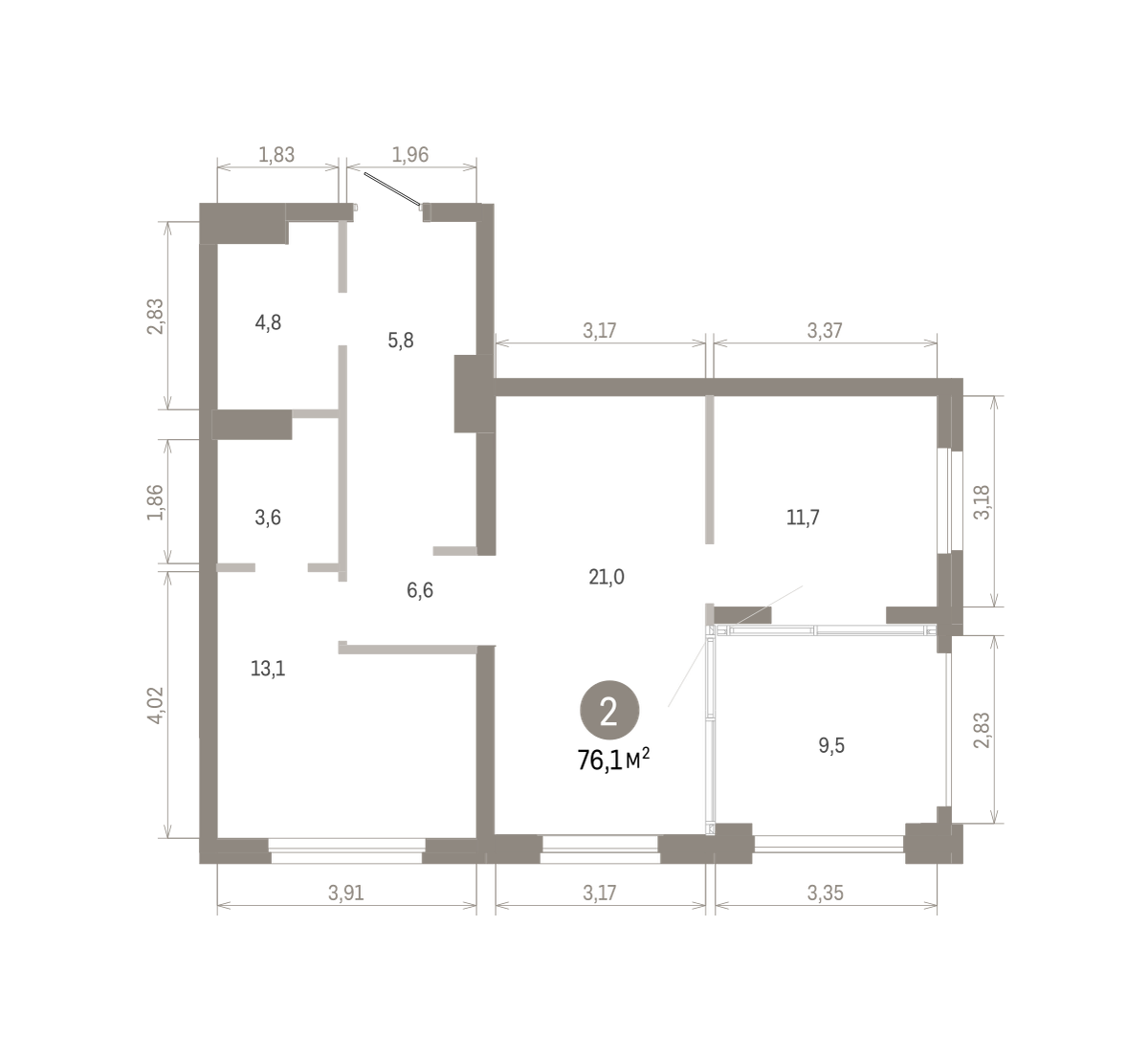 2 комн. Квартира 76.1 кв. м