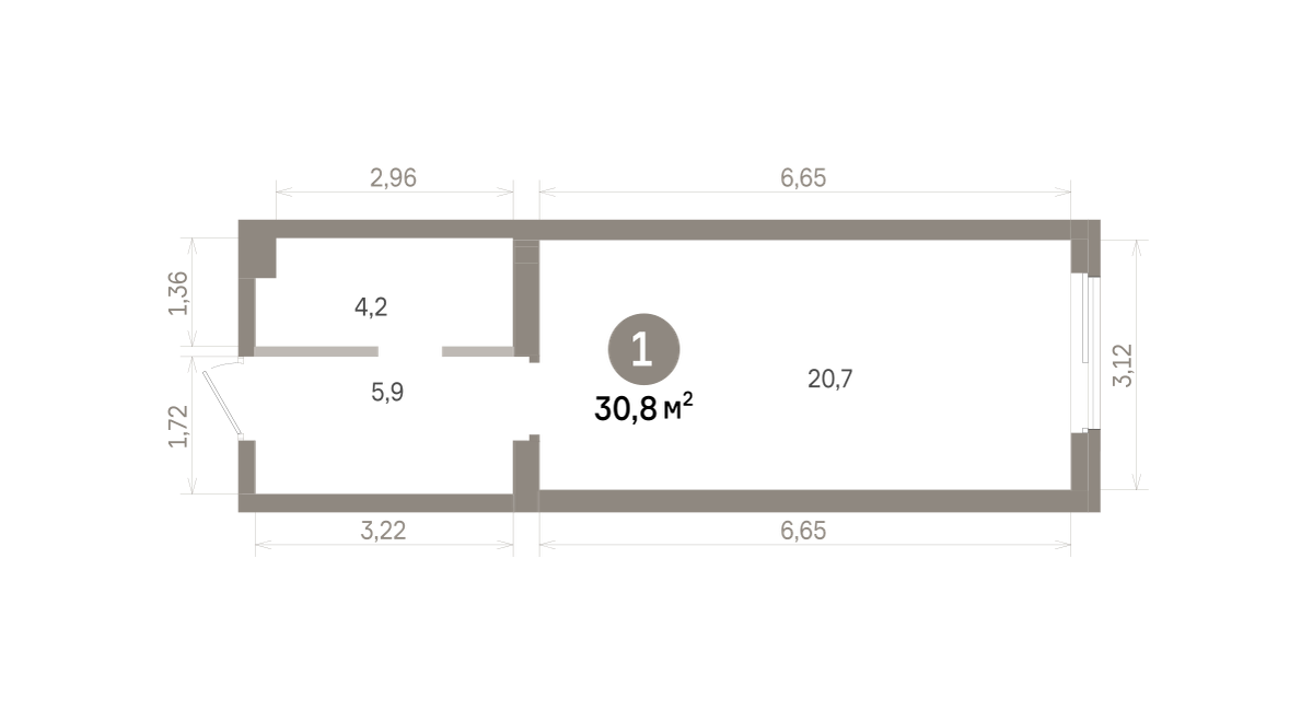 1 комн. Квартира 30.8 кв. м