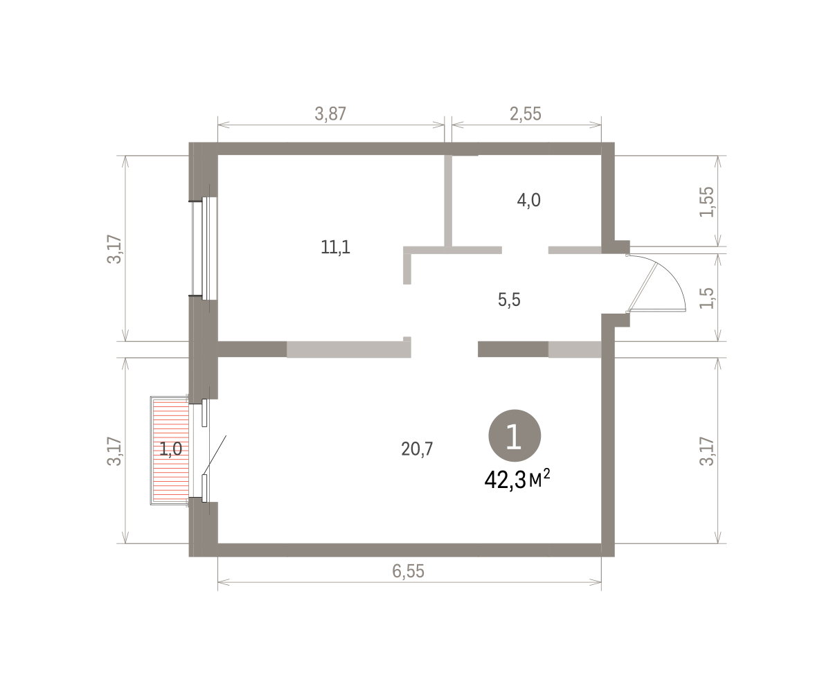1 комн. Квартира 42.3 кв. м