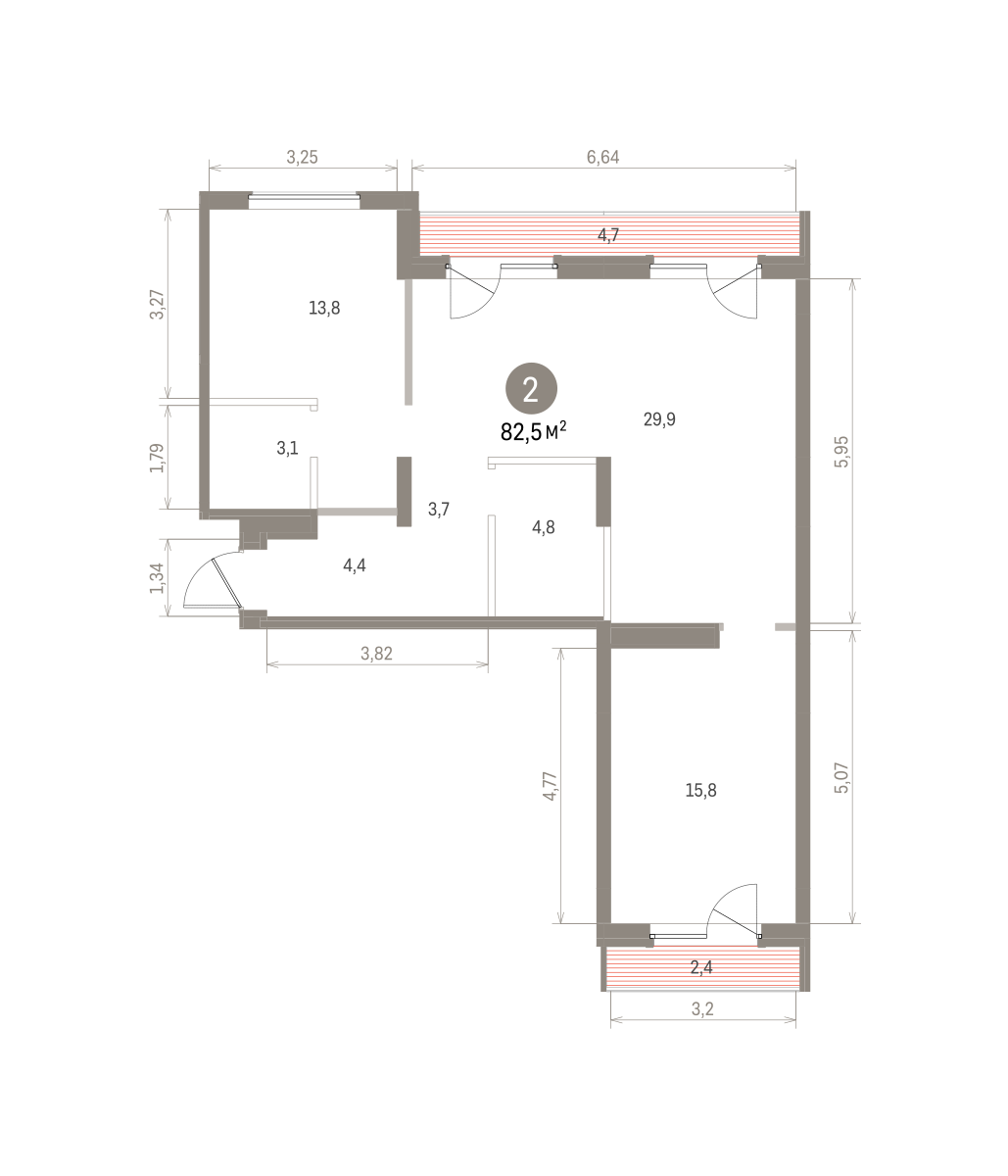 2 комн. Квартира 82.5 кв. м