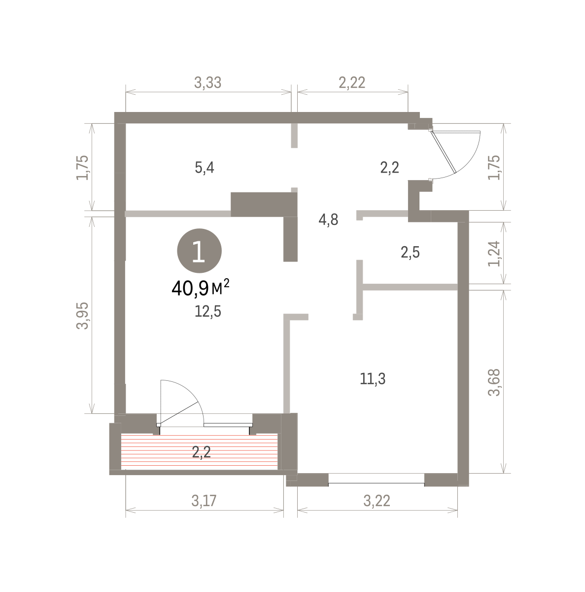 1 комн. Квартира 40.9 кв. м