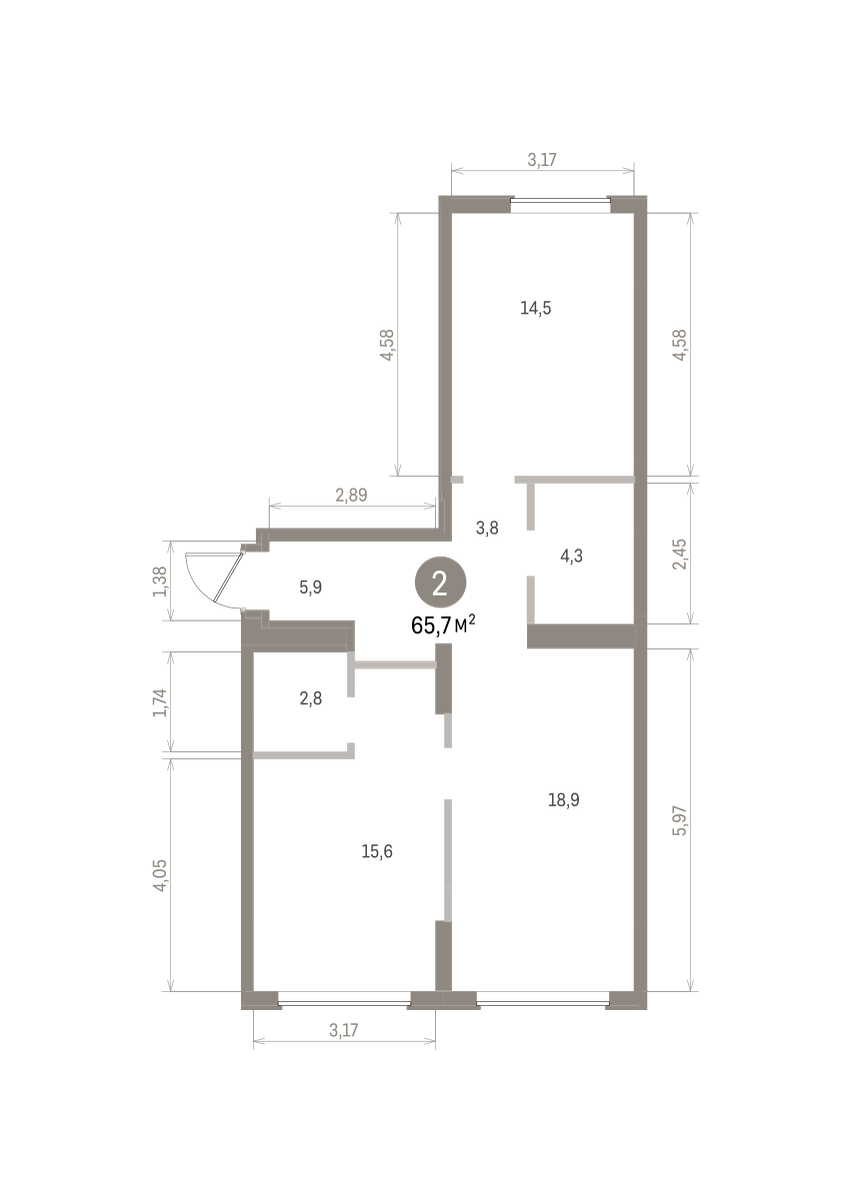 2 комн. Квартира 65.7 кв. м
