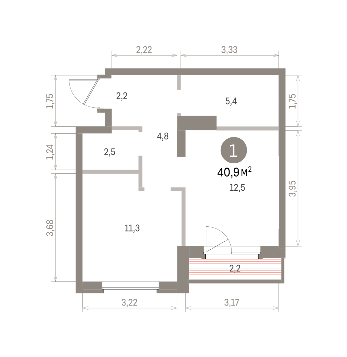 1 комн. Квартира 40.9 кв. м