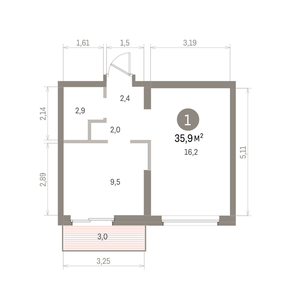 1 комн. Квартира 35.9 кв. м