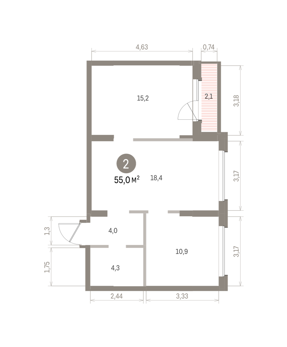 2 комн. Квартира 55 кв. м
