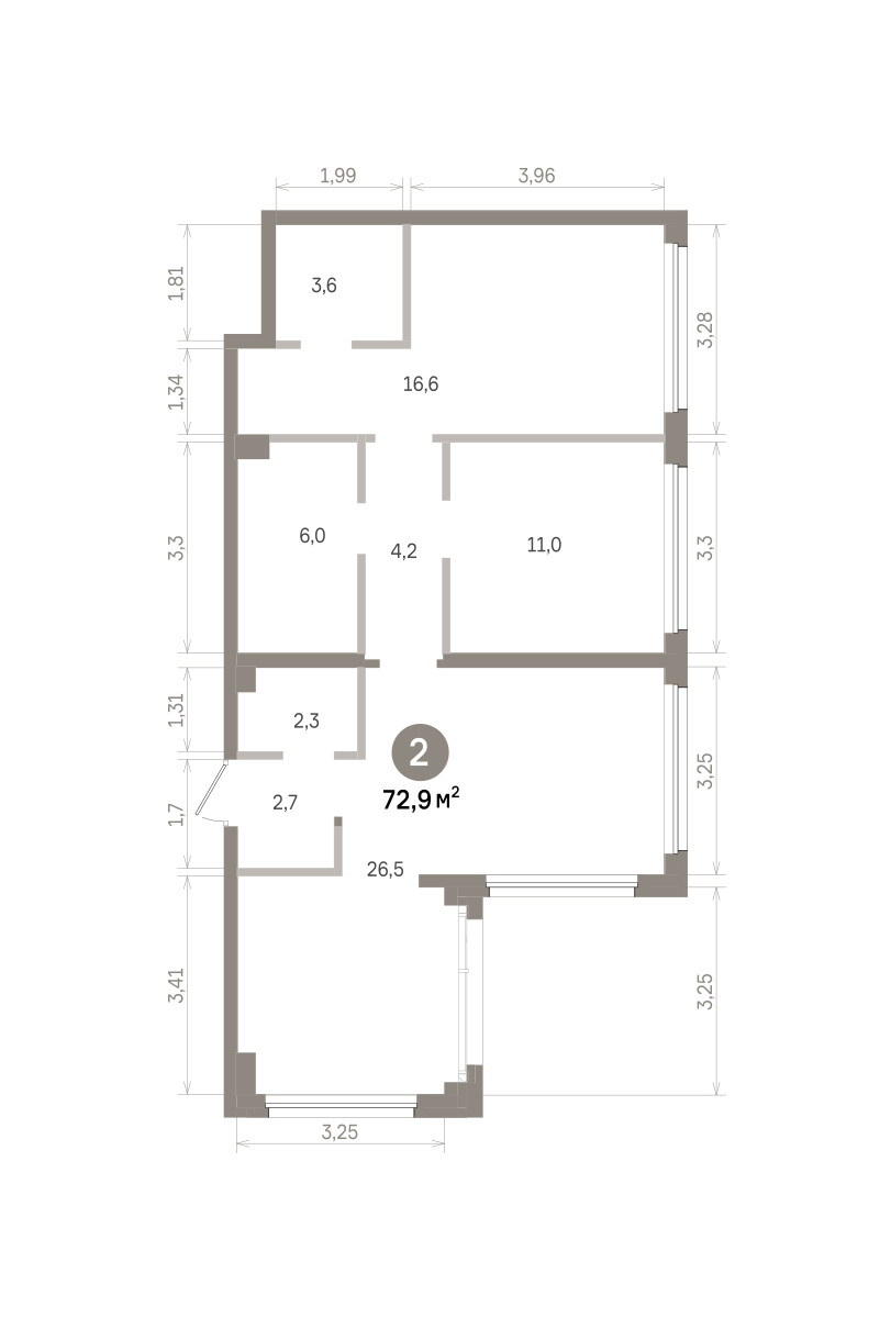 2 комн. Квартира 72.9 кв. м