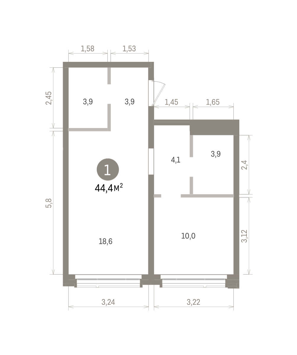 1 комн. Квартира 44.4 кв. м