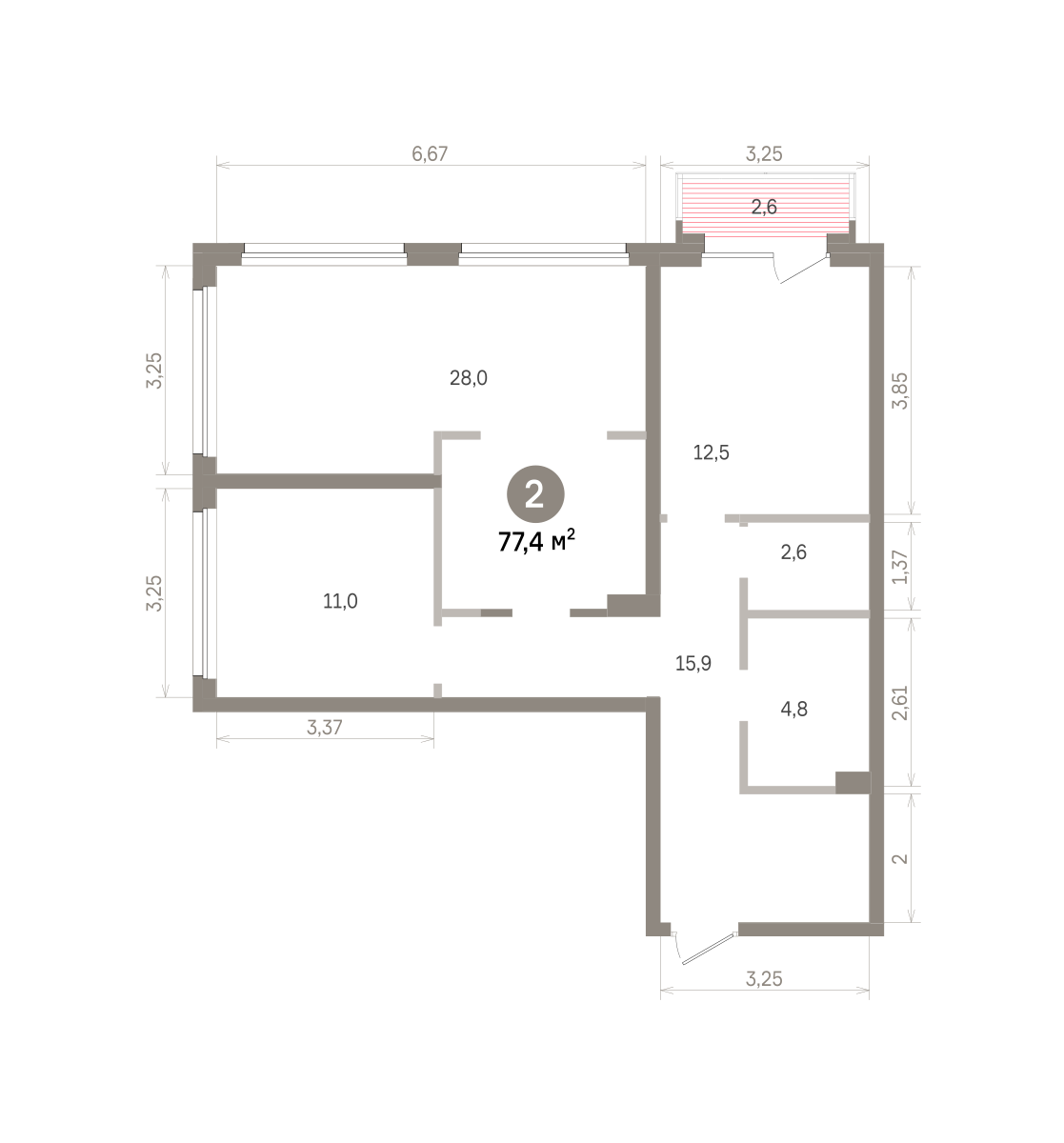 2 комн. Квартира 77.4 кв. м