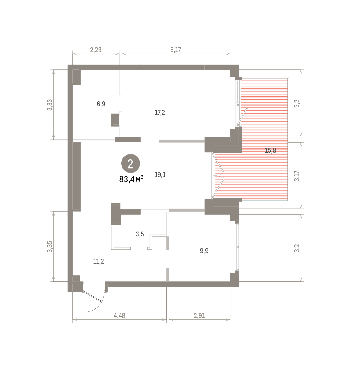 2 комн. Квартира 83.4 кв. м