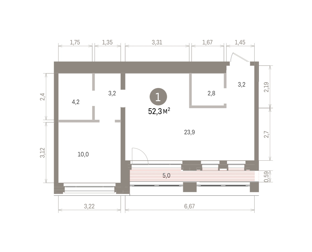 1 комн. Квартира 52.3 кв. м