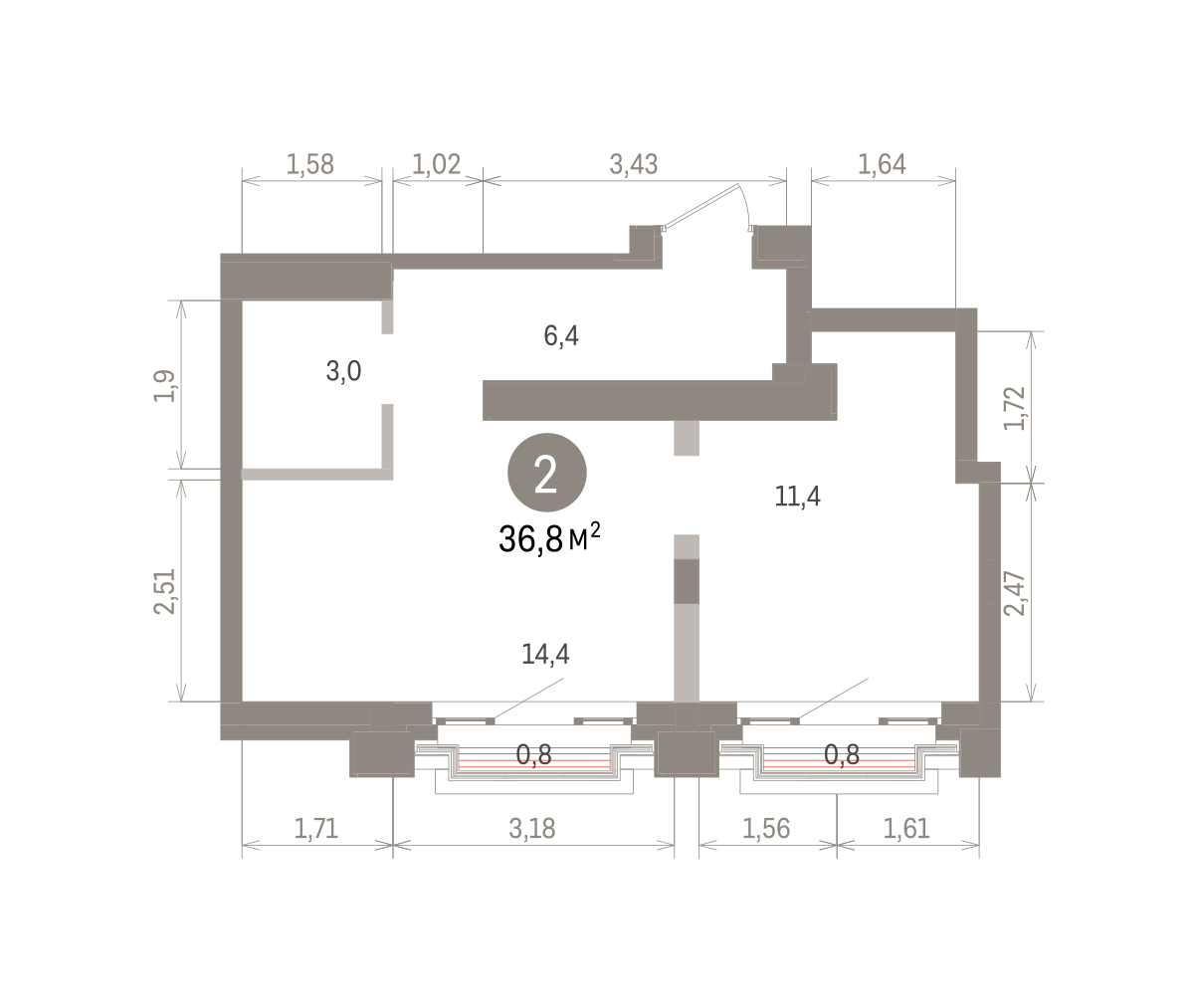 2 комн. Квартира 37.5 кв. м