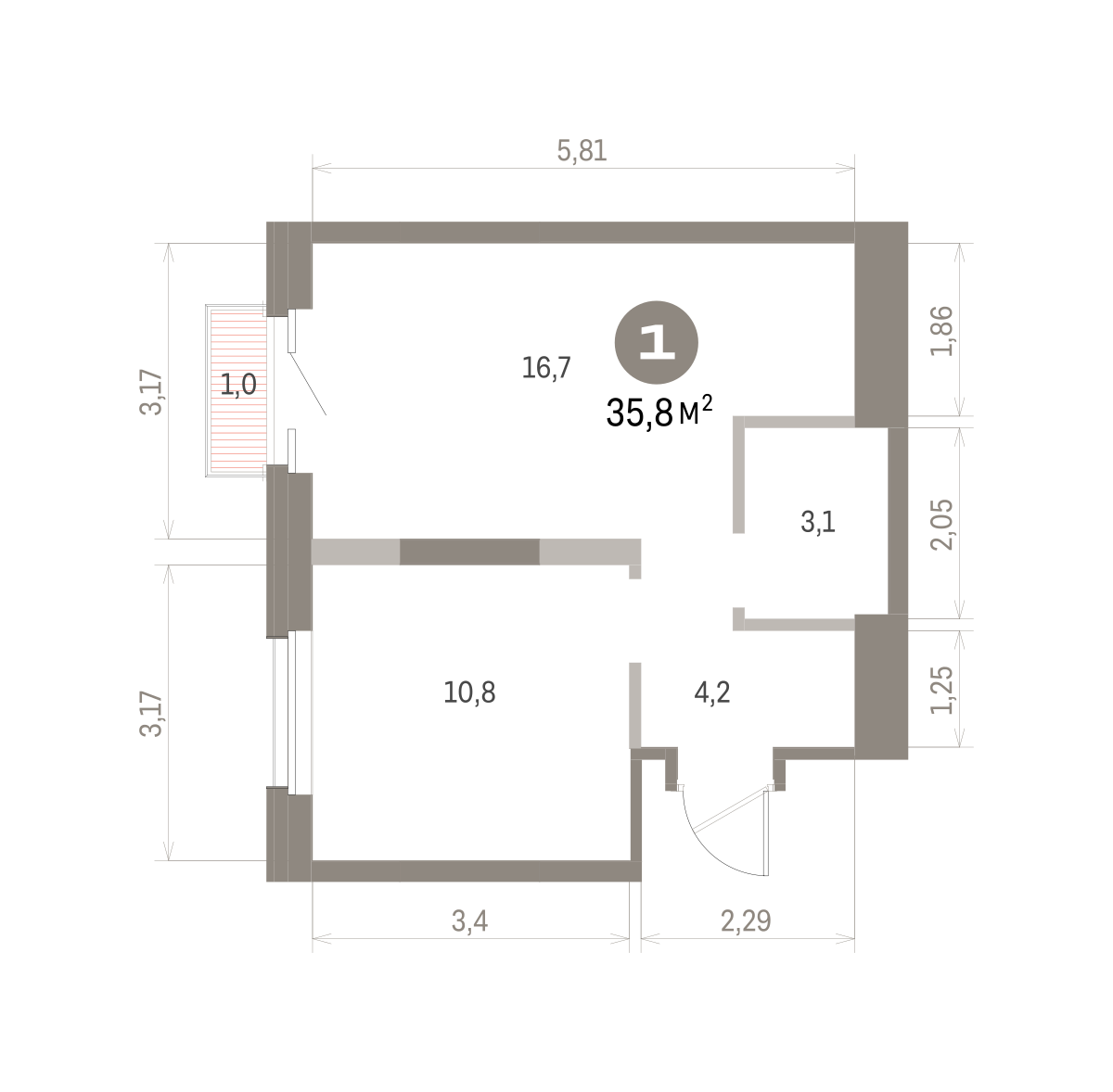 1 комн. Квартира 35.8 кв. м