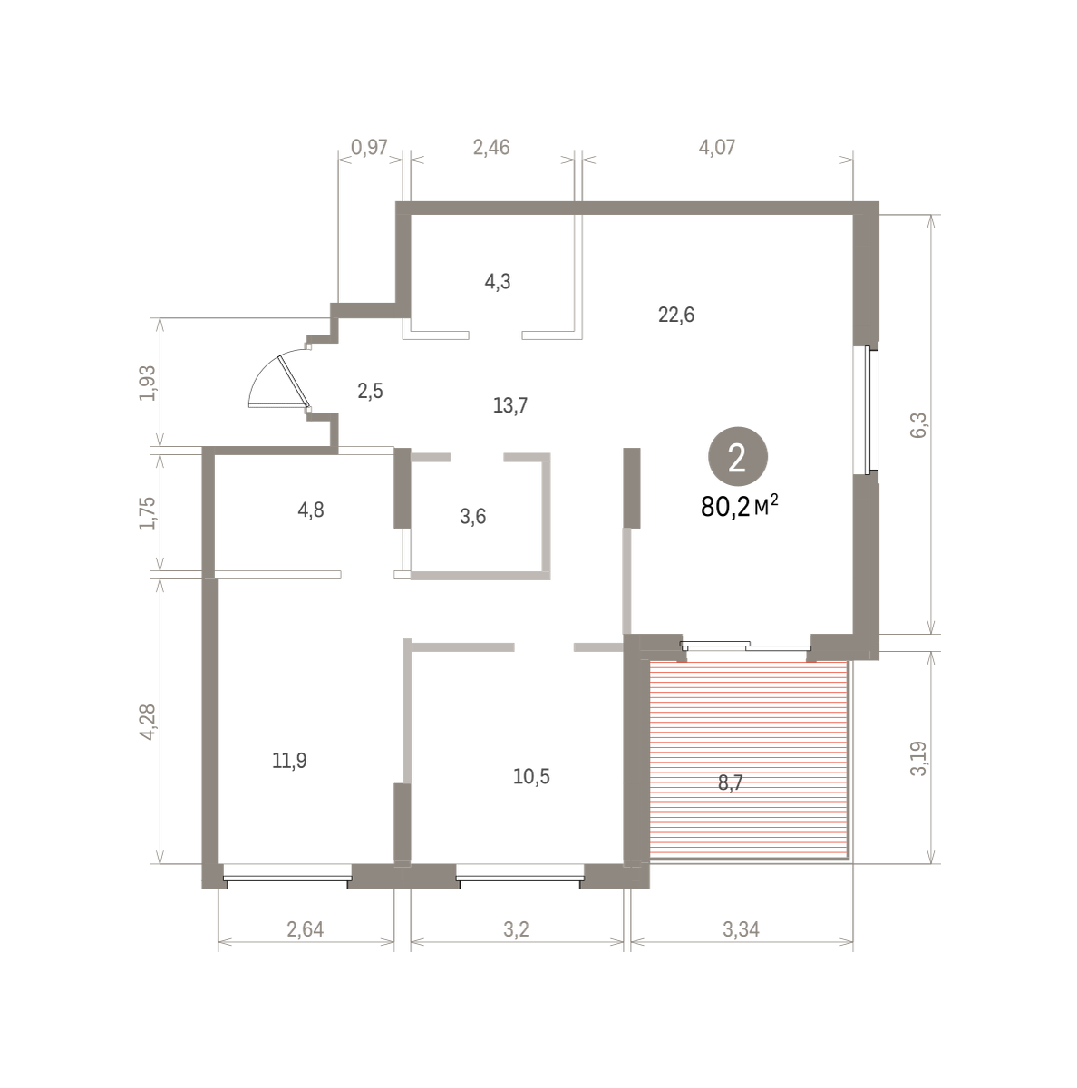2 комн. Квартира 80.2 кв. м