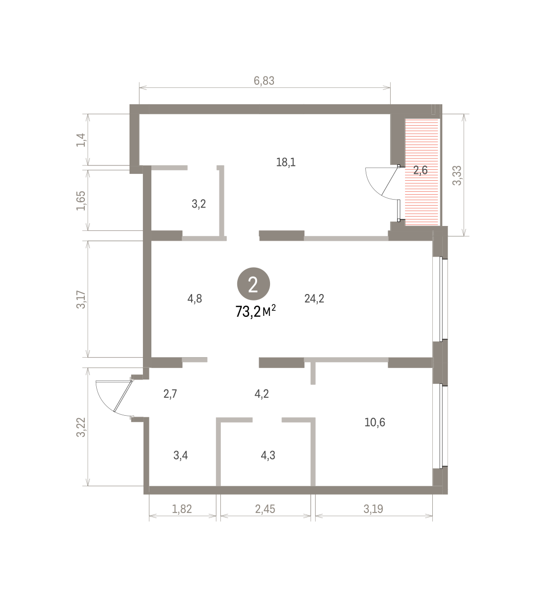 2 комн. Квартира 73.2 кв. м