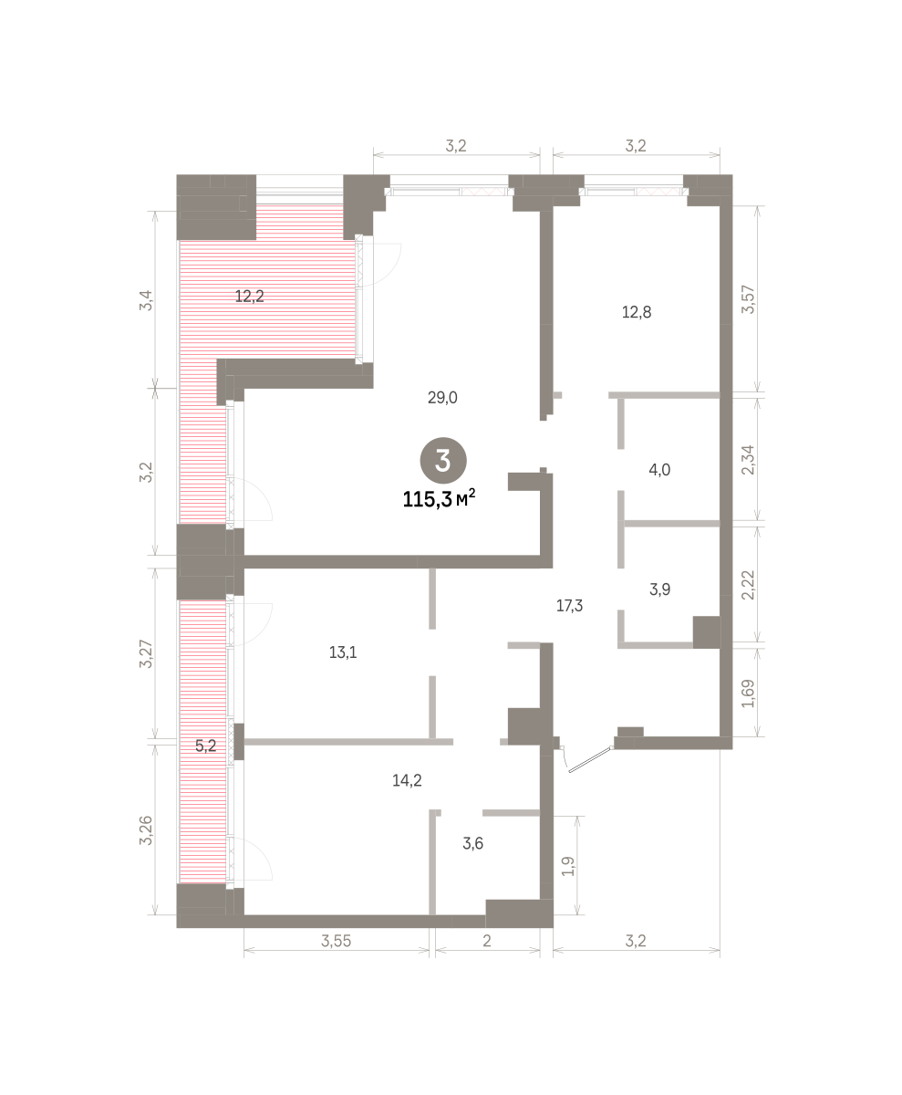 3 комн. Квартира 115.3 кв. м