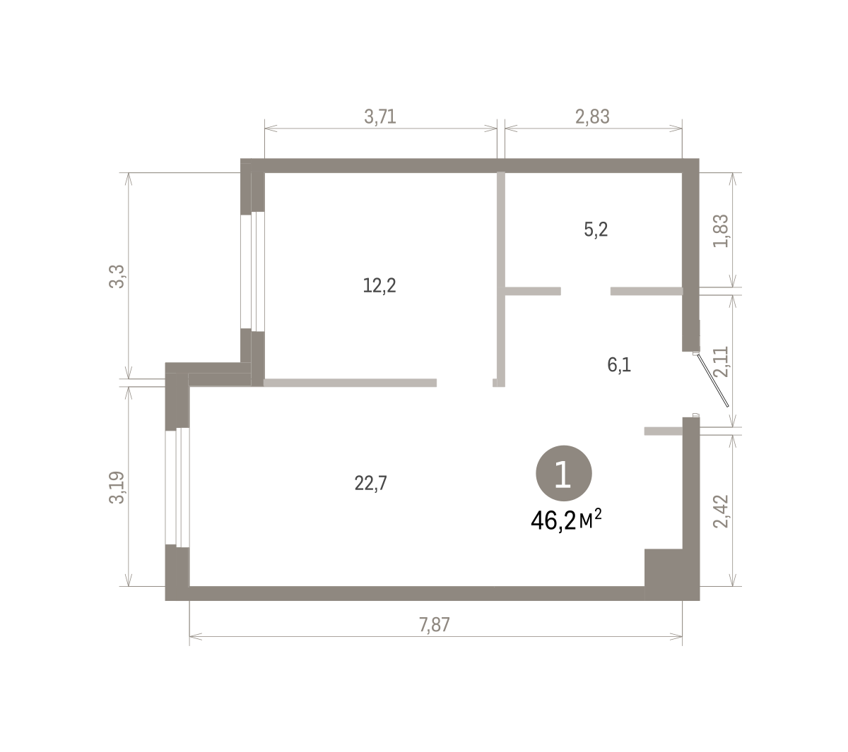 1 комн. Квартира 46.3 кв. м