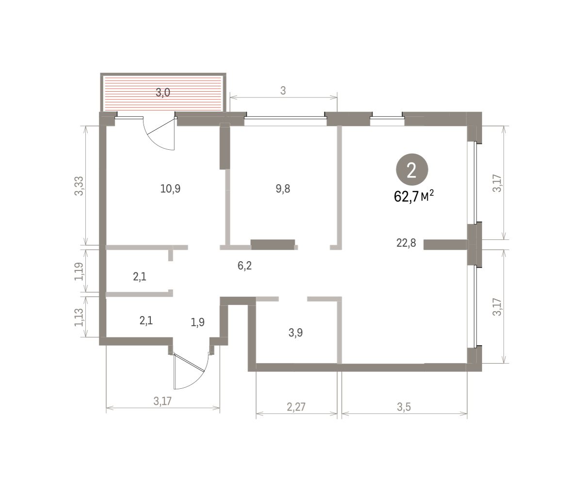 2 комн. Квартира 62.7 кв. м