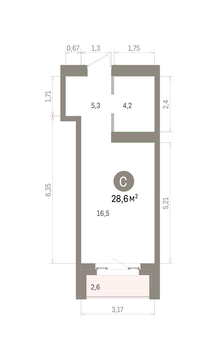 Квартира 28.6 кв. м