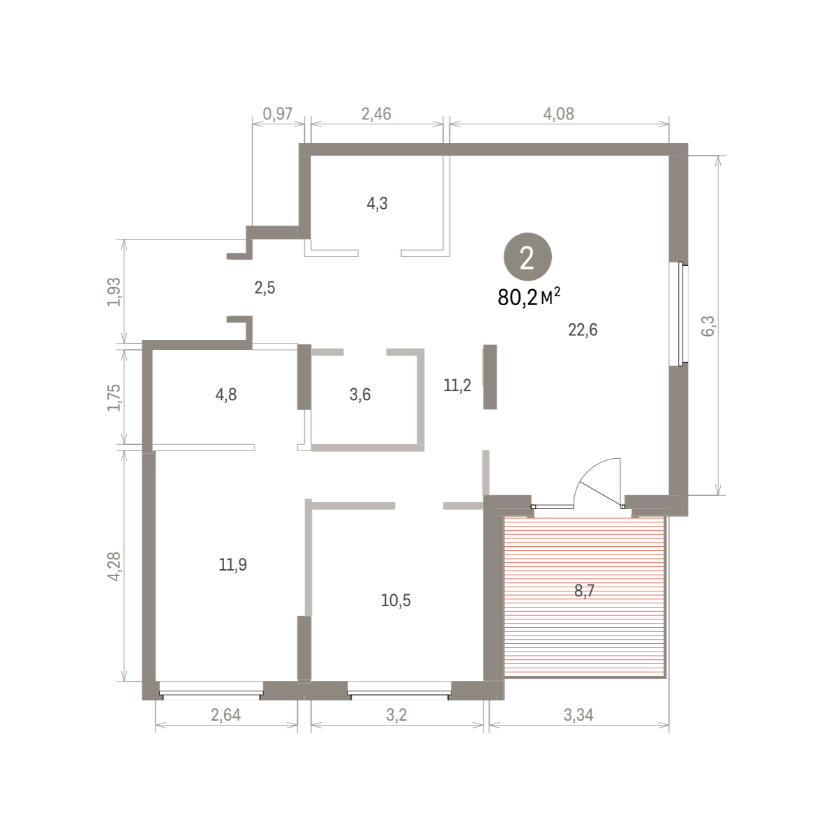 2 комн. Квартира 80.2 кв. м