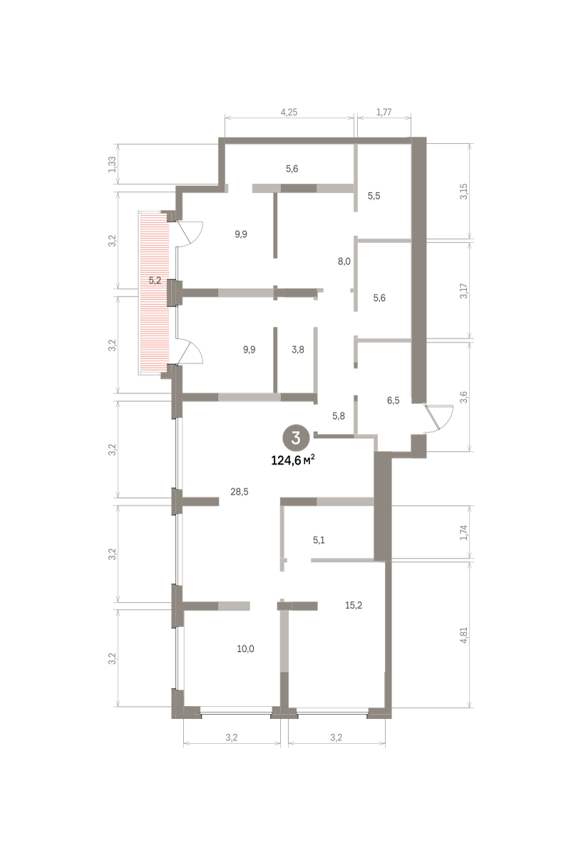 3 комн. Квартира 124.6 кв. м
