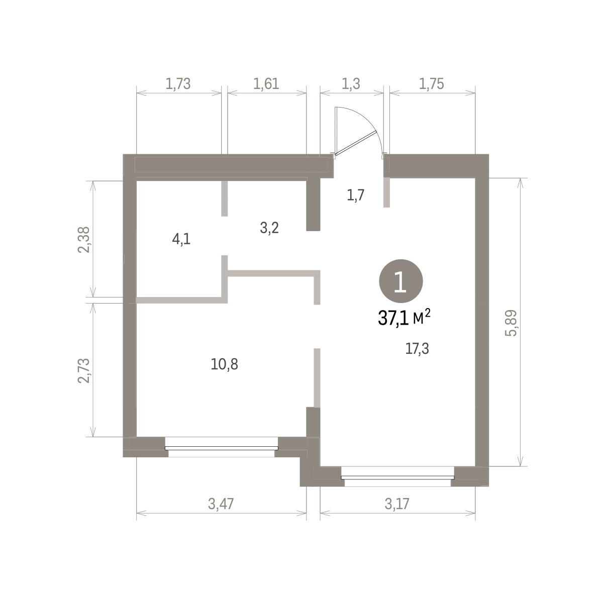 1 комн. Квартира 37.1 кв. м
