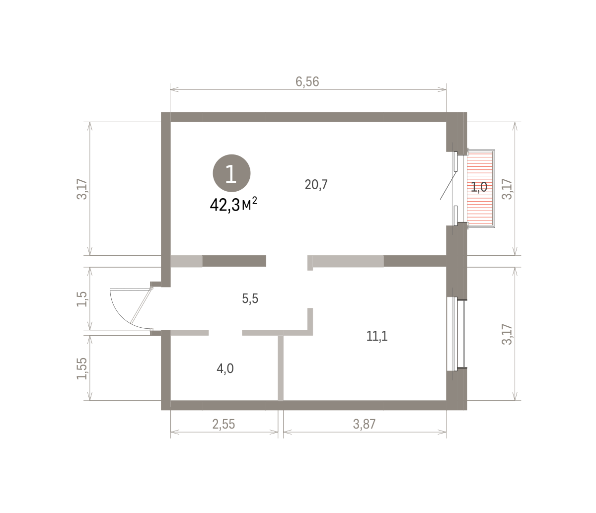 1 комн. Квартира 42.3 кв. м
