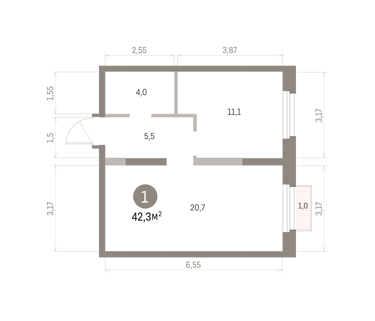 1 комн. Квартира 42.3 кв. м